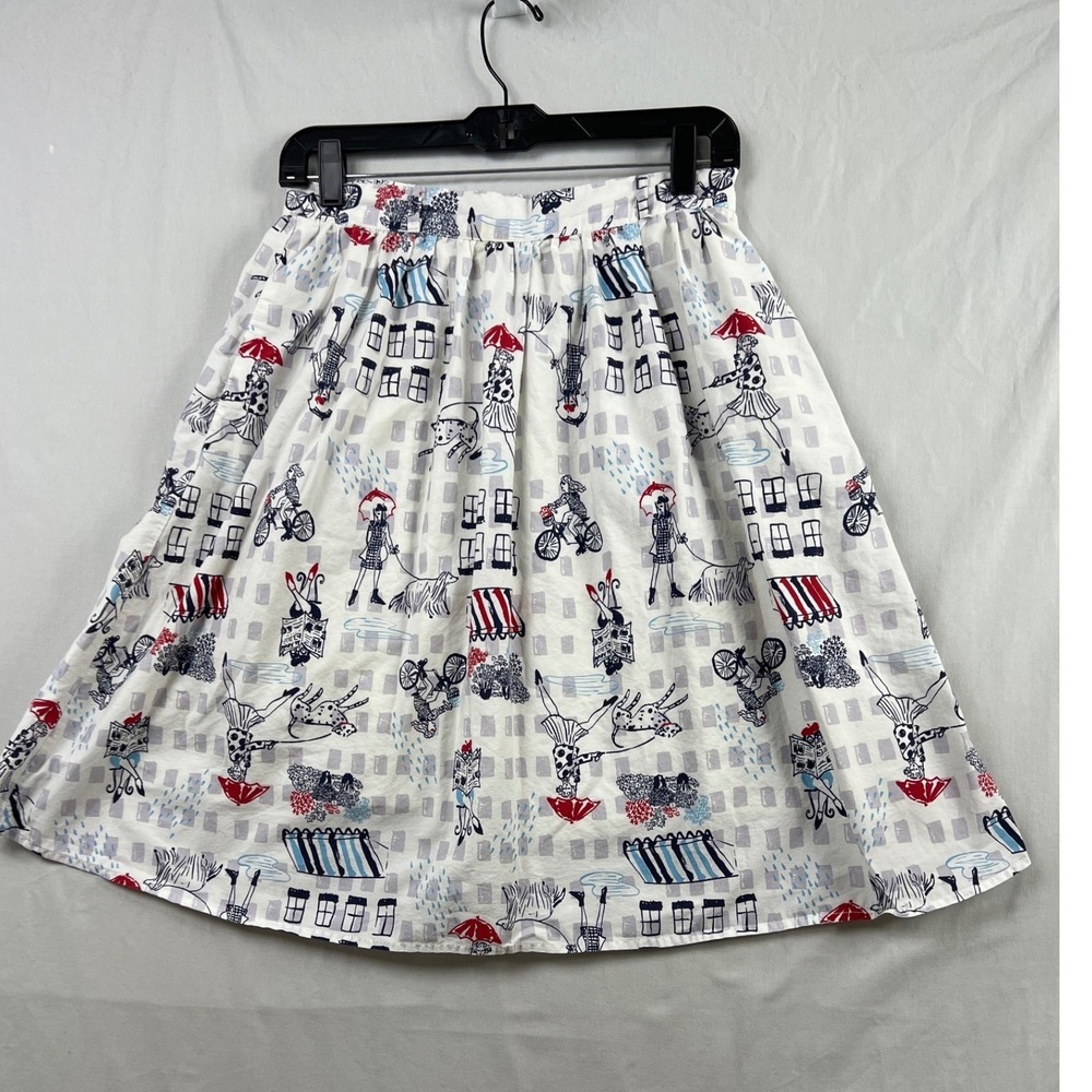 ModCloth A-Line Skirt Women Medium White Parisian Novelty Print Cotton Pockets